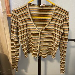 Sky & Sparrow || V Neck Cropped Ribbed Knit Striped Cardigan Top